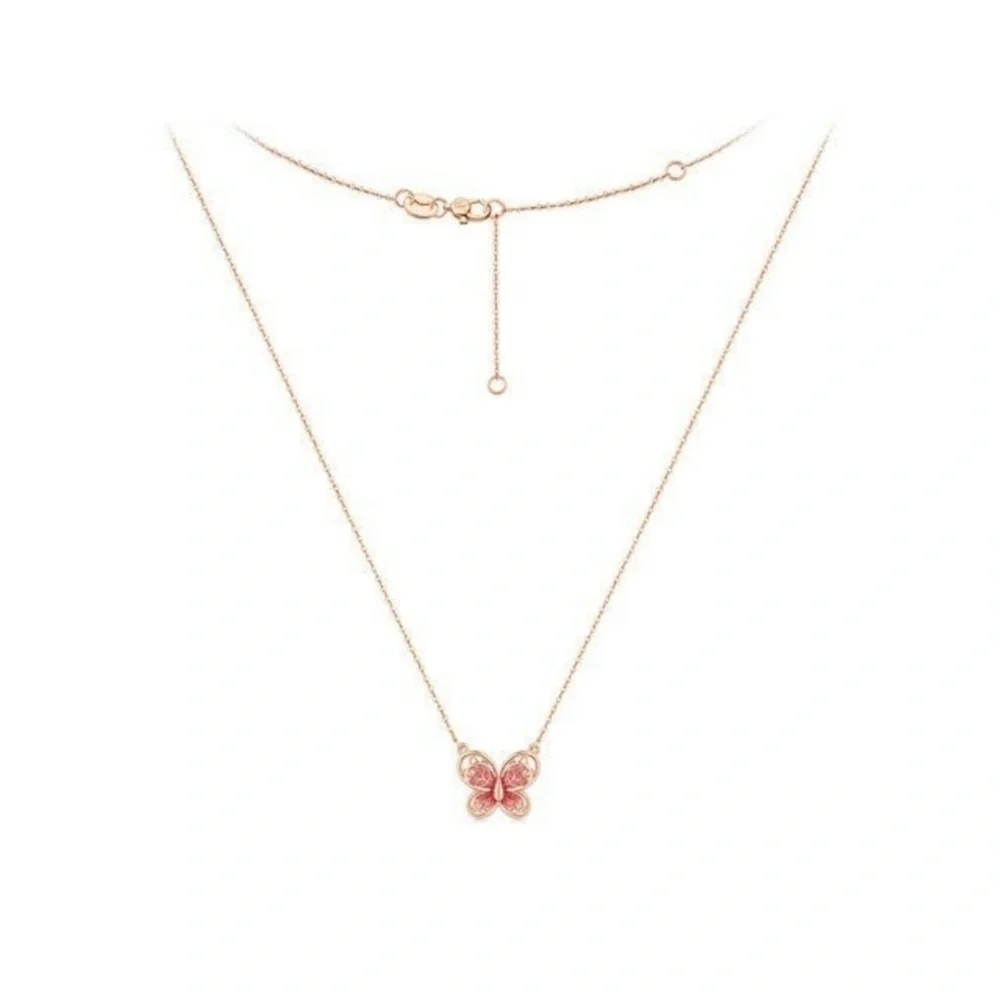 Elegant Cold Tone & Pink Butterfly Pendant Necklace - NWOT